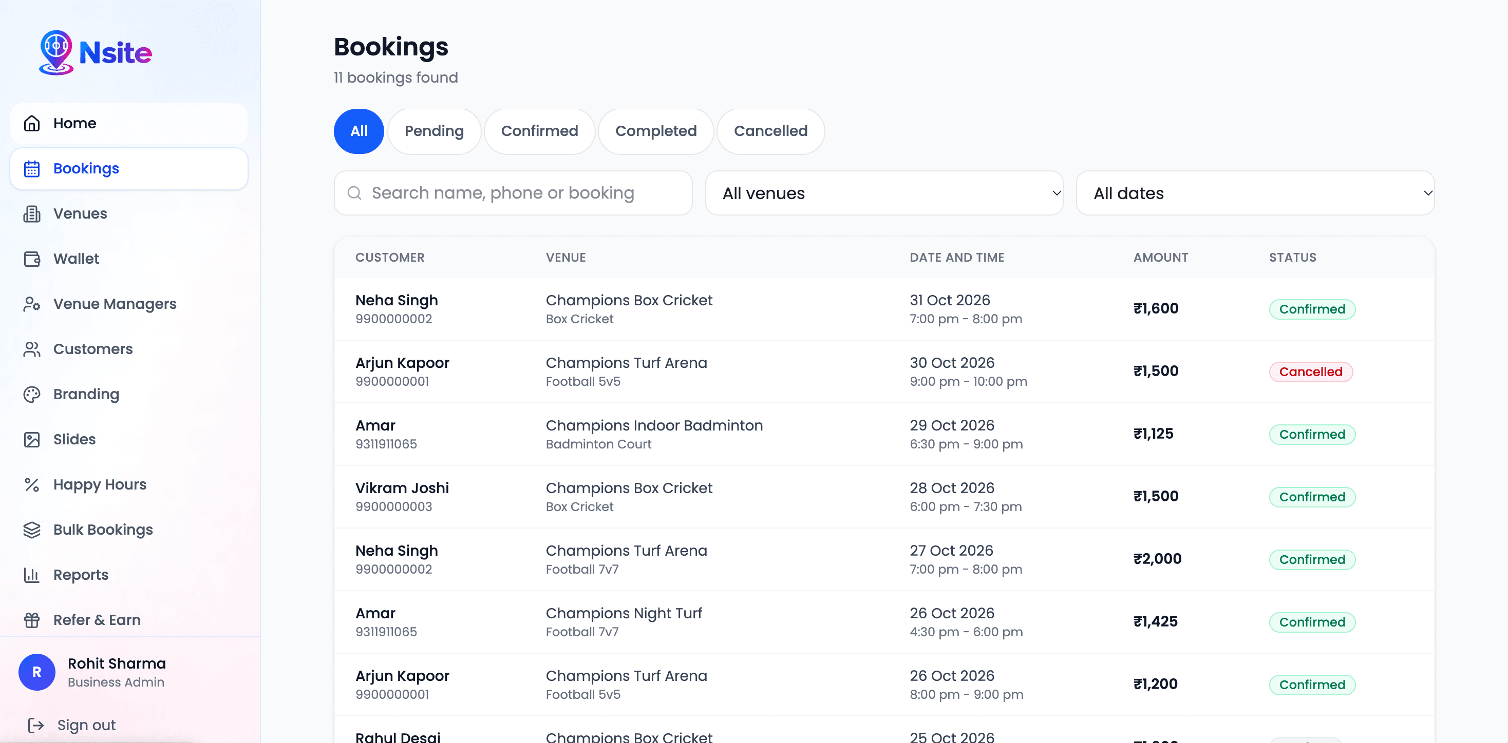 Nsite admin bookings list with status filters, venue and date dropdowns, and a table of customer, venue, date and time, amount and status