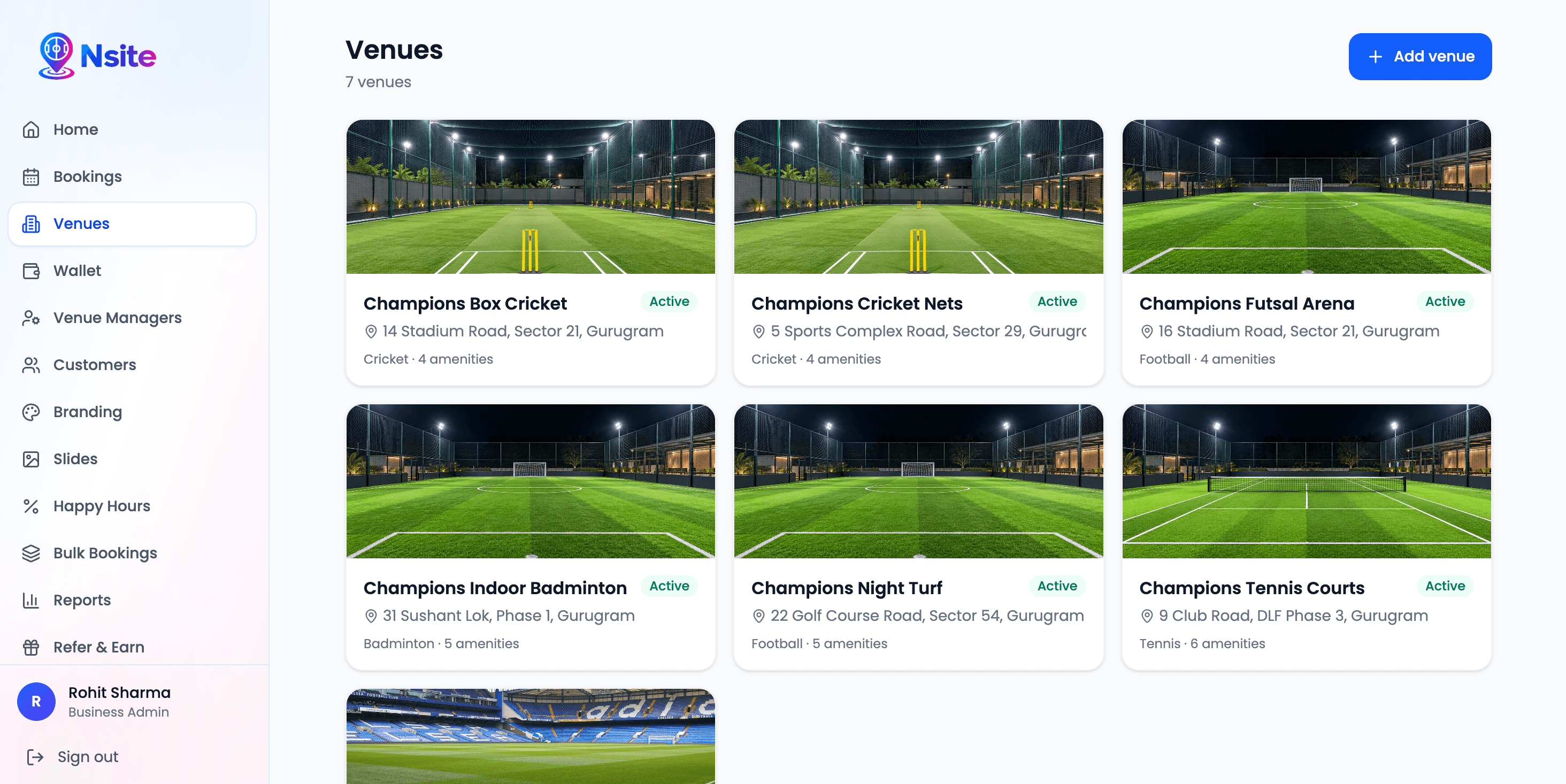Nsite admin venues page showing venue cards with photos, sport, address, amenities and active status, plus an Add venue button