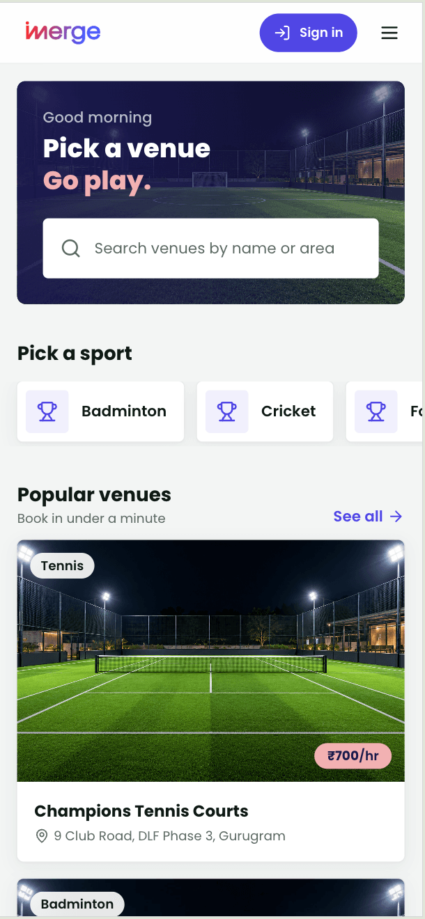 Nsite player app: search venues by name or area, pick a sport, and browse popular venues with hourly prices